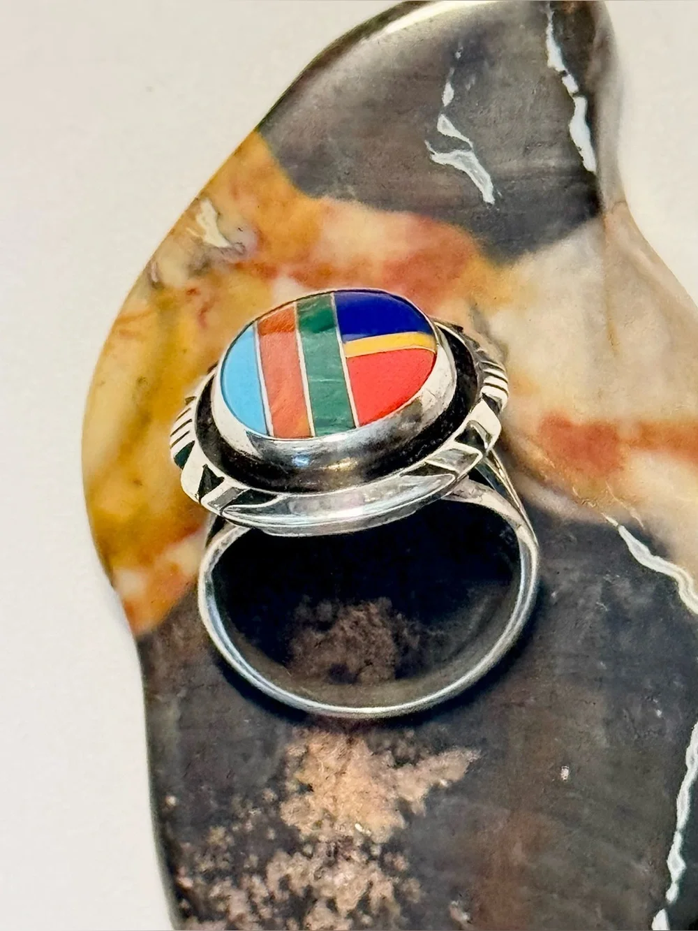 Vtg Navajo Sterling Multi Stone Inlay Ring (7)